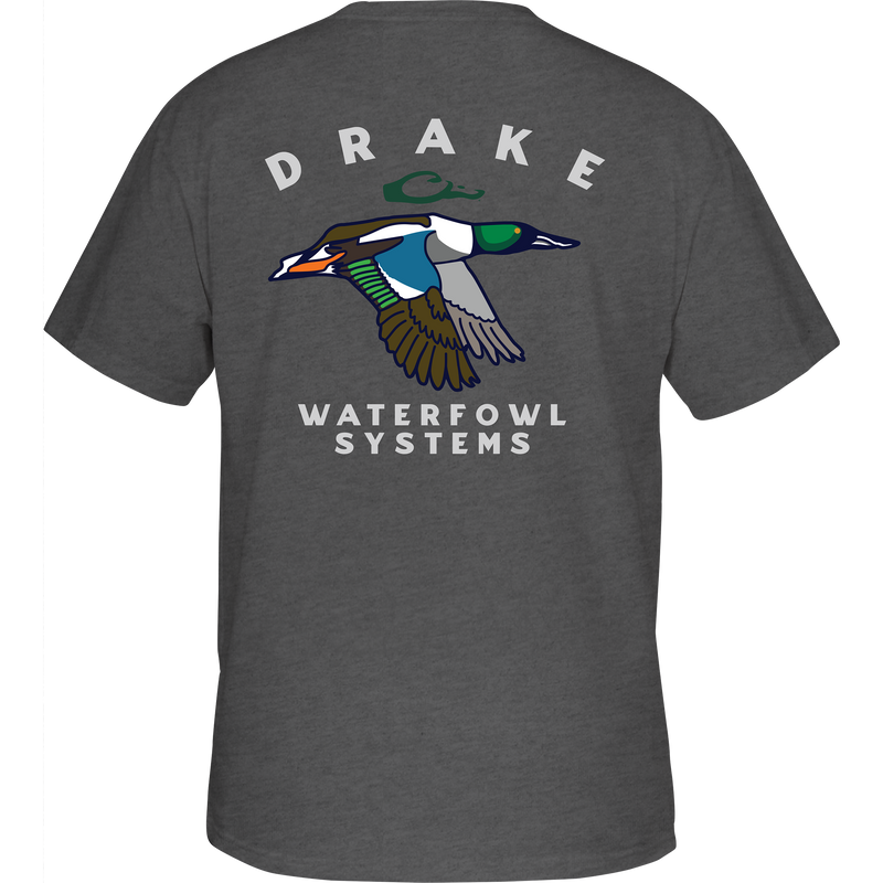 Retro Northern Shoveler T-Shirt's back features a flying duck graphic, highlighting the Purewhitelaneshop's signature style in comfortable cotton-polyester blend.