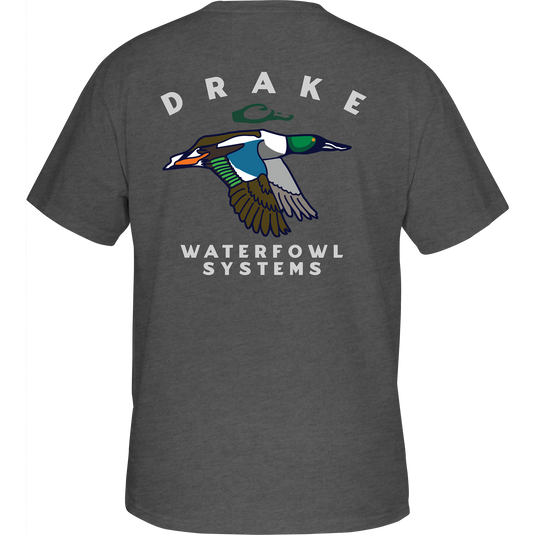 Retro Northern Shoveler T-Shirt's back features a flying duck graphic, highlighting the Purewhitelaneshop's signature style in comfortable cotton-polyester blend.