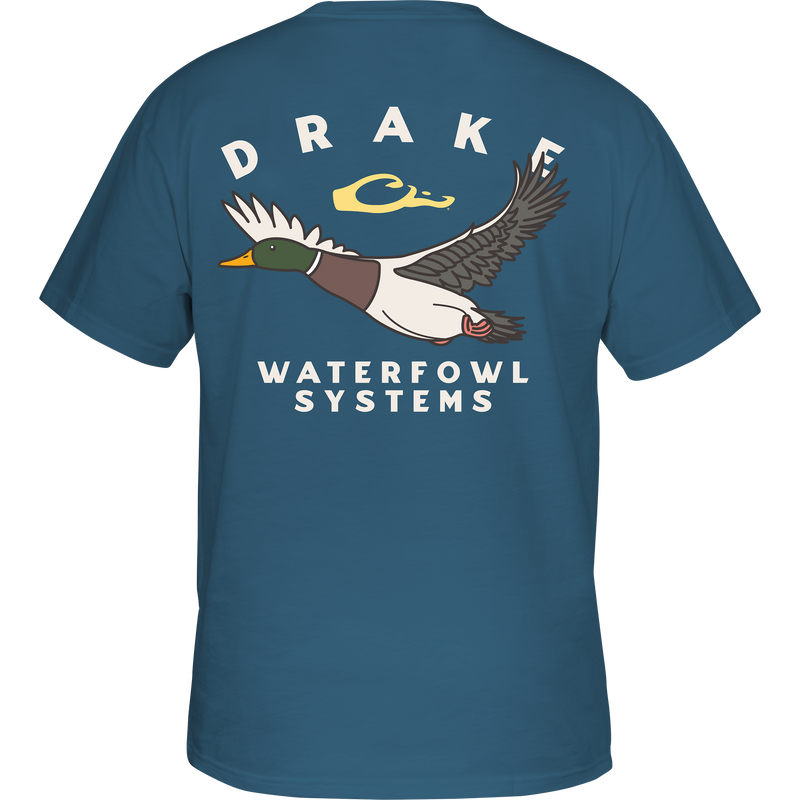 Retro Mallard T-Shirt featuring a flying duck graphic on the back, crafted from a comfortable cotton-polyester blend with a Drake logo on the front pocket.