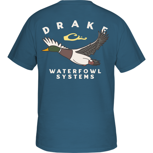 Retro Mallard T-Shirt featuring a flying duck graphic on the back, crafted from a comfortable cotton-polyester blend with a Drake logo on the front pocket.