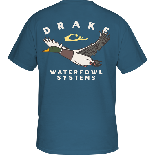 Retro Mallard T-Shirt featuring a flying duck graphic on the back, crafted from a comfortable cotton-polyester blend with a Drake logo on the front pocket.