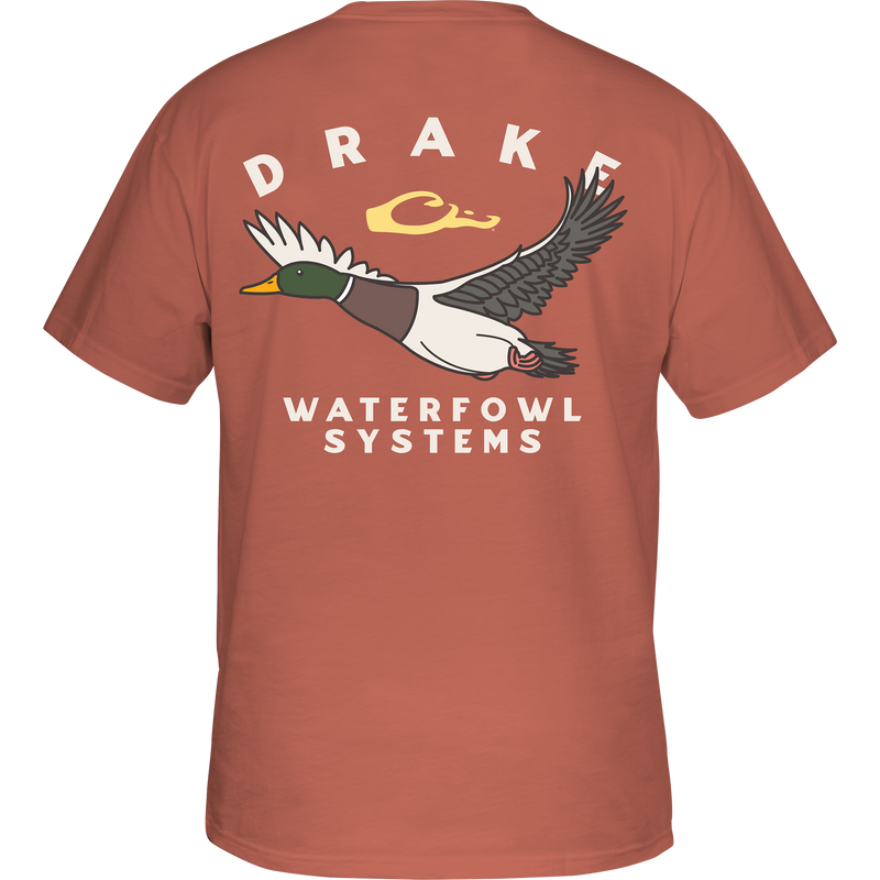 Retro Mallard T-Shirt featuring a flying duck graphic on the back, crafted from a soft cotton-polyester blend with a Drake logo on the front pocket.