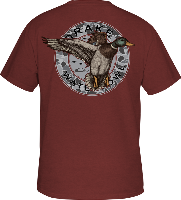 Circle Mallard T-Shirt featuring a Drake logo on the front pocket and a classic Mallard graphic on the back. Made of 60% cotton and 40% polyester for softness and comfort. From Purewhitelaneshop.