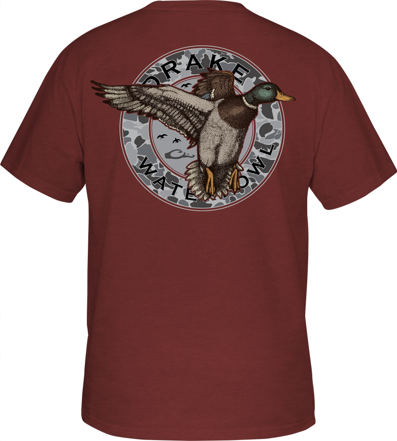 Circle Mallard T-Shirt featuring a Drake logo on the front pocket and a classic Mallard graphic on the back. Made of 60% cotton and 40% polyester for softness and comfort. From Purewhitelaneshop.