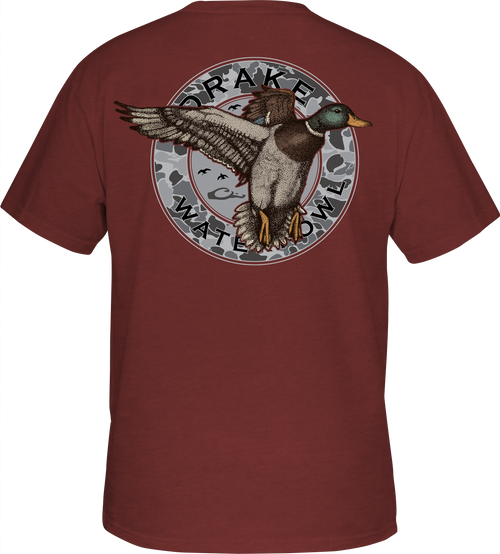 Circle Mallard T-Shirt featuring a Drake logo on the front pocket and a classic Mallard graphic on the back. Made of 60% cotton and 40% polyester for softness and comfort. From Purewhitelaneshop.