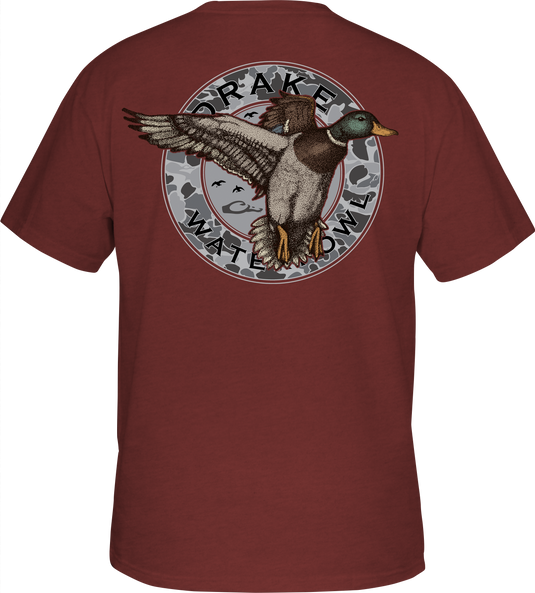 Circle Mallard T-Shirt featuring a Drake logo on the front pocket and a classic Mallard graphic on the back. Made of 60% cotton and 40% polyester for softness and comfort. From Purewhitelaneshop.