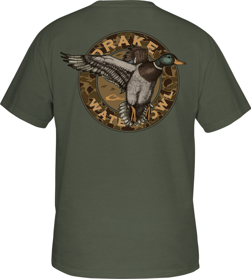Circle Mallard T-Shirt: A back view of a t-shirt featuring a duck graphic, part of Purewhitelaneshop's Vintage Drakes Series. Constructed from 60% cotton and 40% polyester blend for comfort.