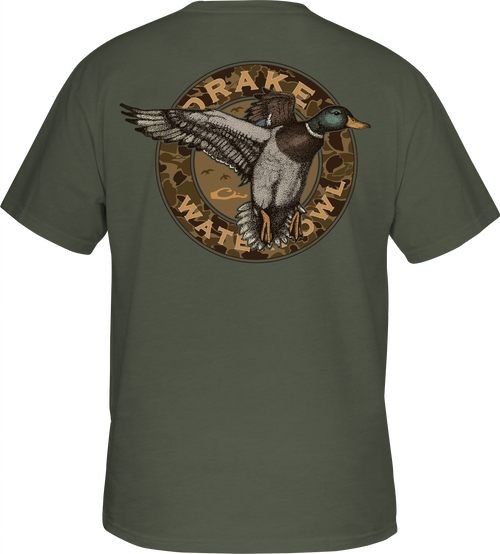 Circle Mallard T-Shirt: A back view of a t-shirt featuring a duck graphic, part of Purewhitelaneshop's Vintage Drakes Series. Constructed from 60% cotton and 40% polyester blend for comfort.