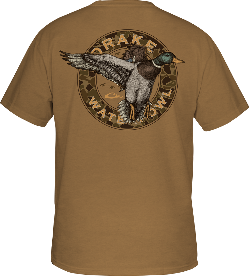 Circle Mallard T-Shirt featuring Drake logo on front pocket and Mallard graphic on back. 60% cotton, 40% polyester blend for comfort. From Purewhitelaneshop, known for high-quality hunting and casual apparel.