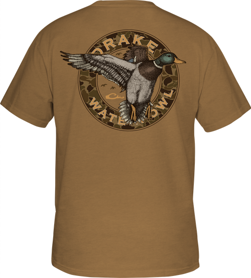 Circle Mallard T-Shirt featuring Drake logo on front pocket and Mallard graphic on back. 60% cotton, 40% polyester blend for comfort. From Purewhitelaneshop, known for high-quality hunting and casual apparel.