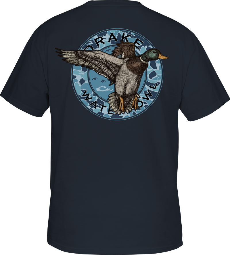 Circle Mallard T-Shirt featuring a duck graphic on the back, Drake logo on the front pocket. 60% cotton, 40% polyester blend for comfort. From the Vintage Drakes Series by Purewhitelaneshop.