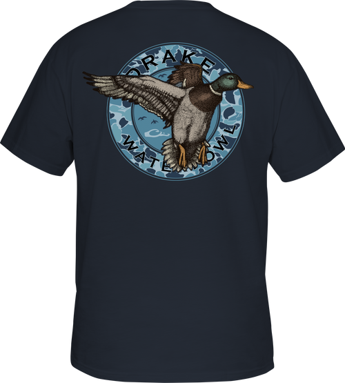 Circle Mallard T-Shirt featuring a duck graphic on the back, Drake logo on the front pocket. 60% cotton, 40% polyester blend for comfort. From the Vintage Drakes Series by Purewhitelaneshop.