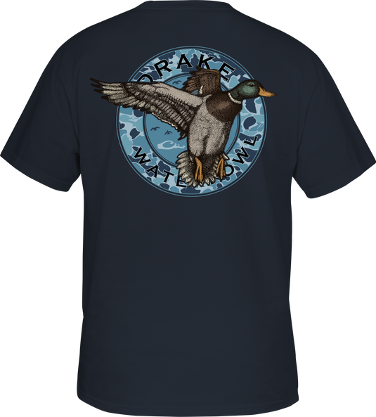 Circle Mallard T-Shirt featuring a duck graphic on the back, Drake logo on the front pocket. 60% cotton, 40% polyester blend for comfort. From the Vintage Drakes Series by Purewhitelaneshop.
