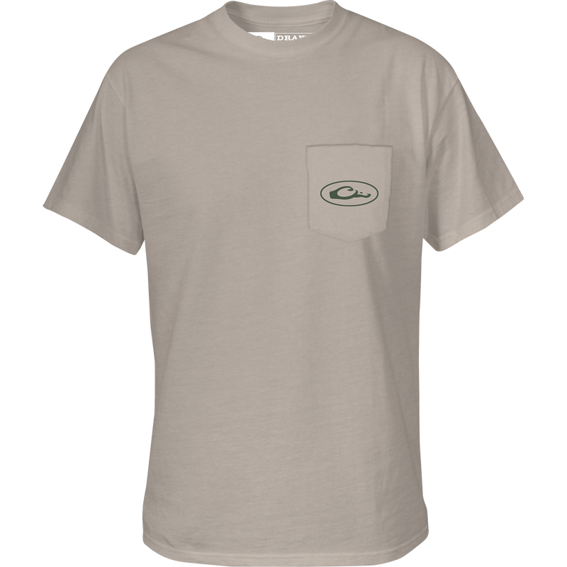 Retro Bass T-Shirt featuring a Drake logo on the front pocket, crafted from a soft cotton-polyester blend, showcasing outdoor-inspired graphics.