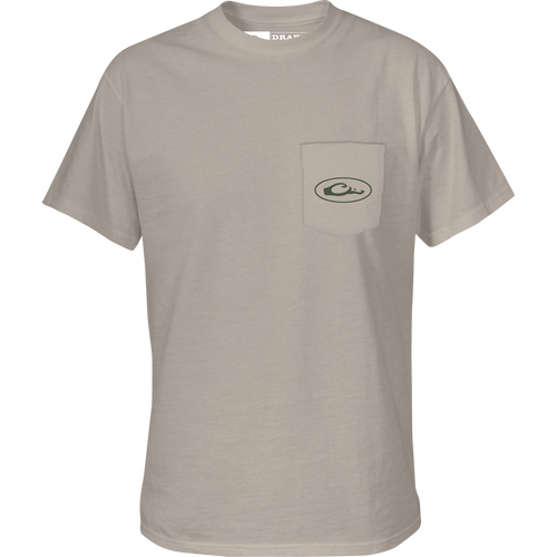 Retro Bass T-Shirt featuring a Drake logo on the front pocket, crafted from a soft cotton-polyester blend, showcasing outdoor-inspired graphics.