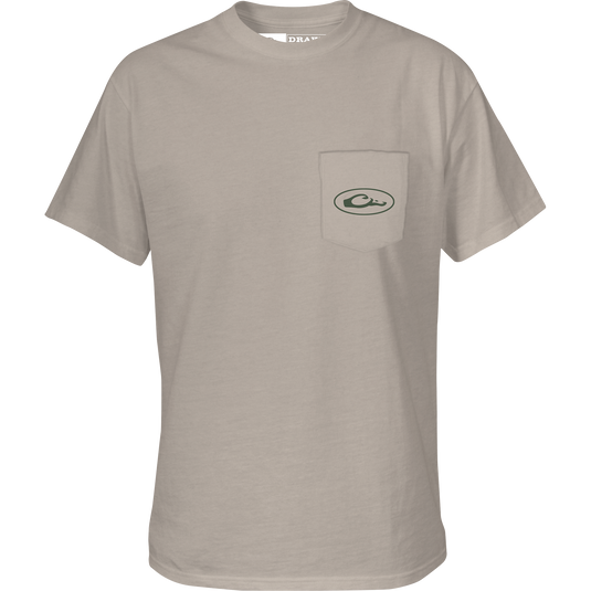 Retro Bass T-Shirt featuring a Drake logo on the front pocket, crafted from a soft cotton-polyester blend, showcasing outdoor-inspired graphics.