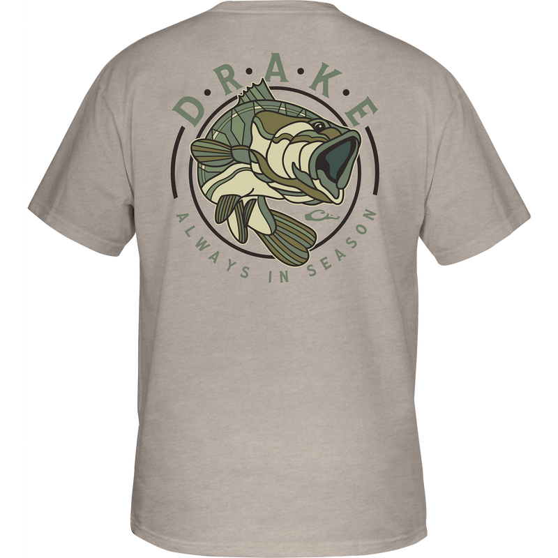 Retro Bass T-Shirt featuring a graphic of a bass on the back and a Drake logo on the front pocket, crafted for comfort with a cotton-polyester blend.