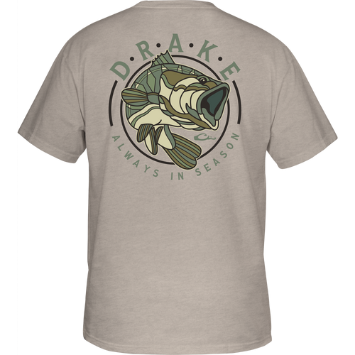 Retro Bass T-Shirt featuring a graphic of a bass on the back and a Drake logo on the front pocket, crafted for comfort with a cotton-polyester blend.