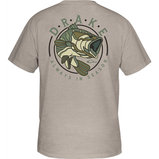 Retro Bass T-Shirt featuring a graphic of a bass on the back and a Drake logo on the front pocket, crafted for comfort with a cotton-polyester blend.