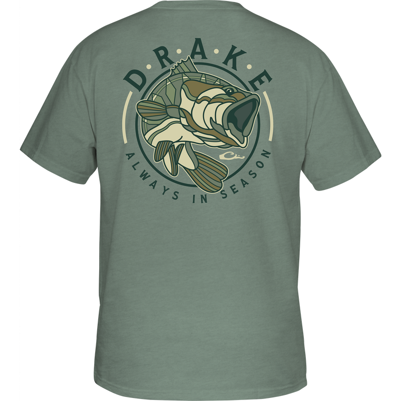 Retro Bass T-Shirt featuring a large fish graphic on the back and a Drake logo on the front pocket, made from a soft cotton-polyester blend.