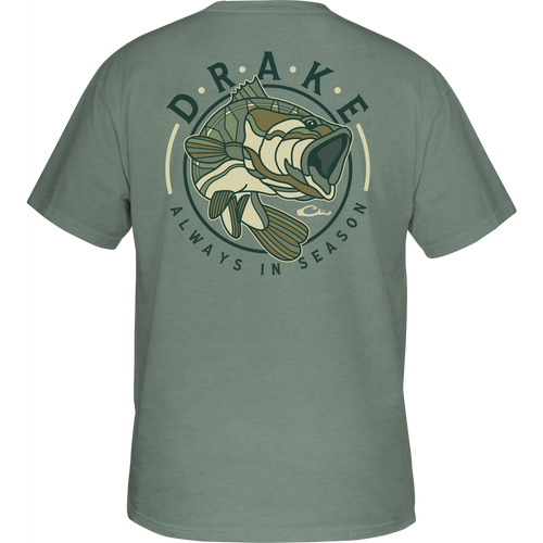 Retro Bass T-Shirt featuring a large fish graphic on the back and a Drake logo on the front pocket, made from a soft cotton-polyester blend.