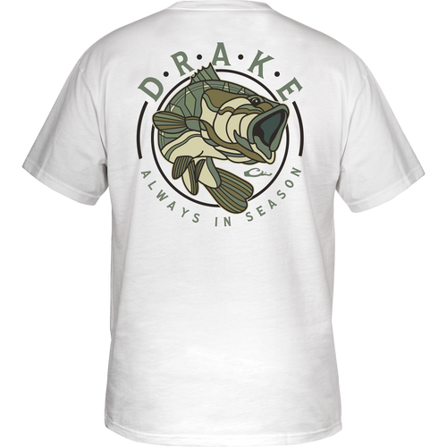Retro Bass T-Shirt featuring a bass graphic on the back and a Drake logo on the front pocket, made from a soft cotton-polyester blend.