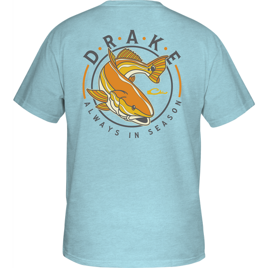 Retro Redfish T-Shirt featuring a Redfish graphic on the back, crafted from a soft cotton-polyester blend with a Drake logo pocket on the front.