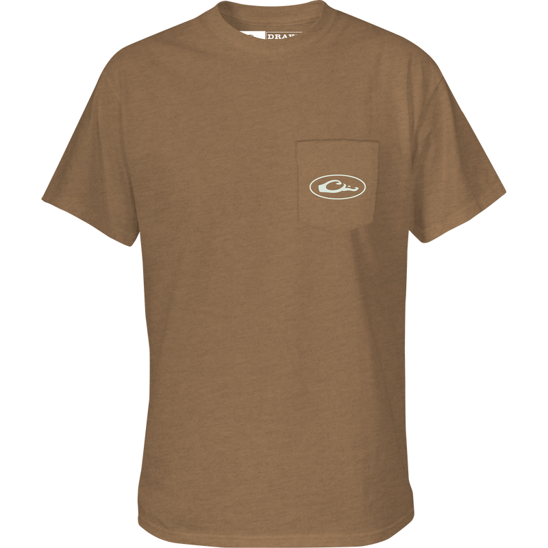 Retro Redfish T-Shirt featuring a Drake logo on the front pocket, crafted from a soft cotton-polyester blend.