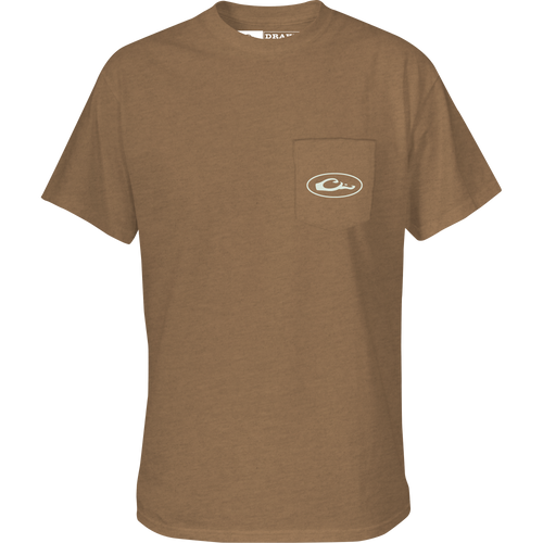 Retro Redfish T-Shirt featuring a Drake logo on the front pocket, crafted from a soft cotton-polyester blend.