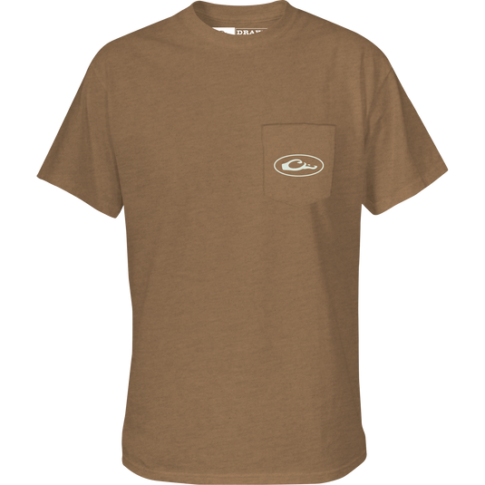 Retro Redfish T-Shirt featuring a Drake logo on the front pocket, crafted from a soft cotton-polyester blend.