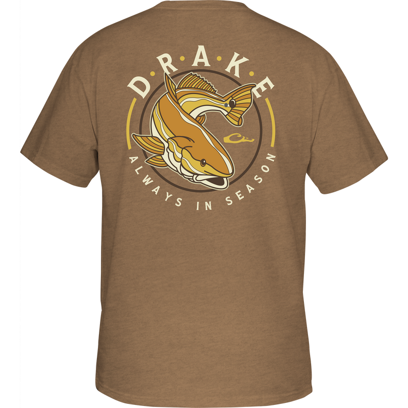 Retro Redfish T-Shirt featuring a Redfish graphic on the back and Drake logo on the front pocket, crafted from a soft cotton-polyester blend.