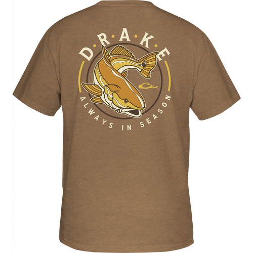 Retro Redfish T-Shirt featuring a Redfish graphic on the back and Drake logo on the front pocket, crafted from a soft cotton-polyester blend.