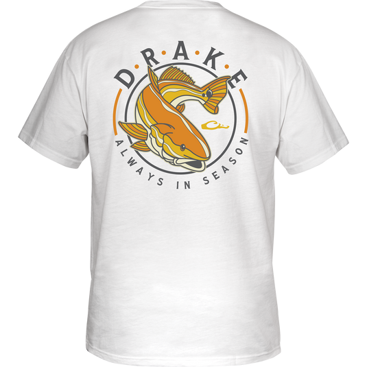 Retro Redfish T-Shirt featuring a Redfish graphic on the back and a Drake logo on the front pocket, crafted from a comfortable cotton-polyester blend.