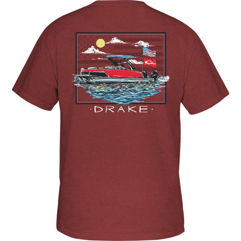 Pontoon Flag T-Shirt featuring a front Drake logo pocket and back graphic of a pontoon over an American flag, part of the Americana Drake Series.