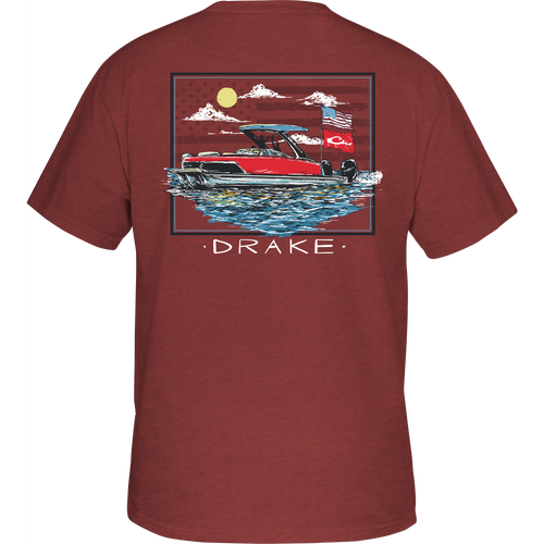 Pontoon Flag T-Shirt featuring a front Drake logo pocket and back graphic of a pontoon over an American flag, part of the Americana Drake Series.