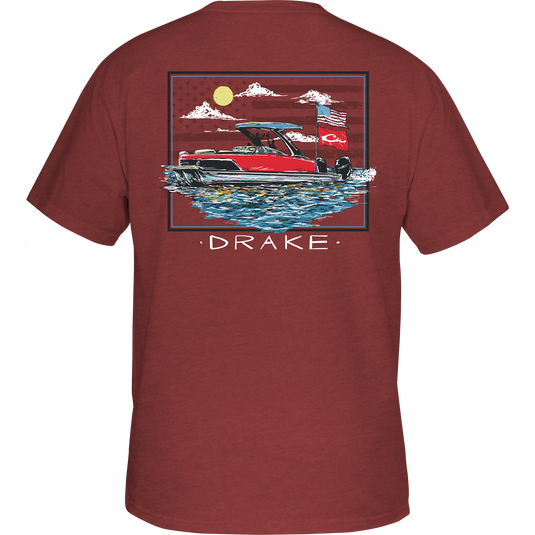 Pontoon Flag T-Shirt featuring a front Drake logo pocket and back graphic of a pontoon over an American flag, part of the Americana Drake Series.
