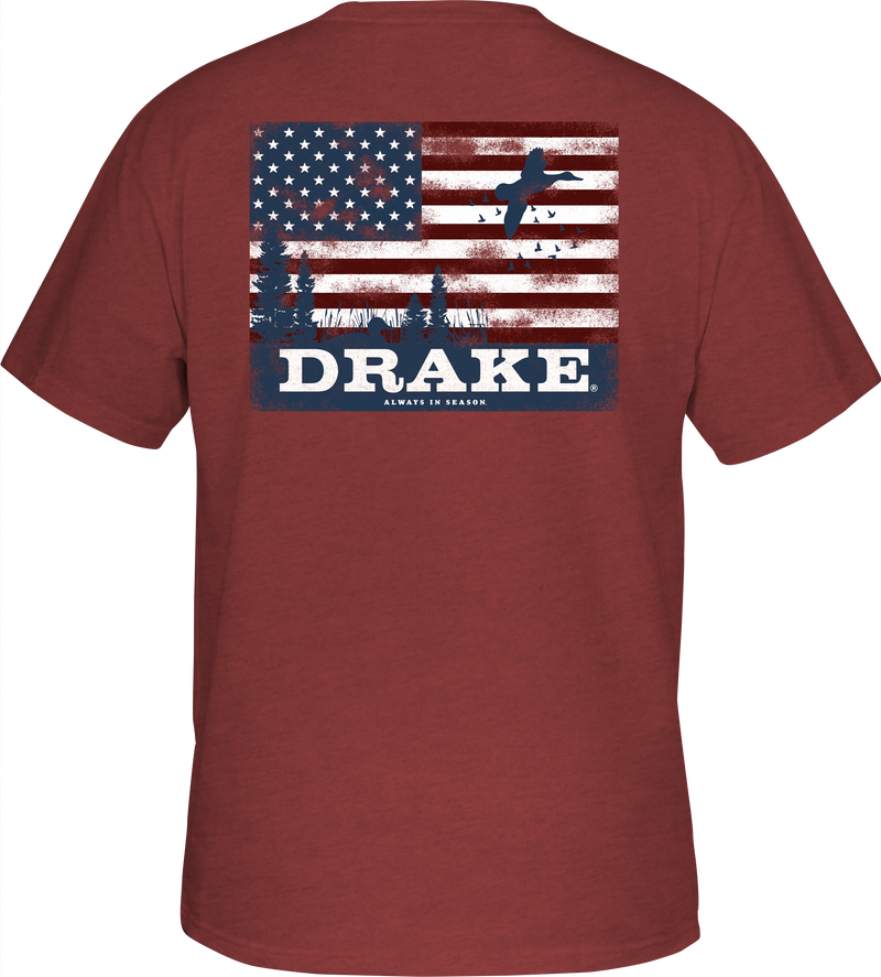 Scenic Flag T-Shirt featuring a Drake logo on the front pocket and abstract Duck Flag design, highlighting Purewhitelaneshop's Americana Series.