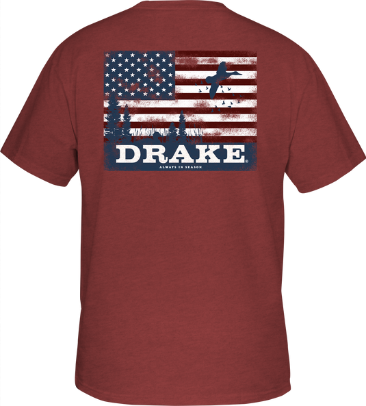 Scenic Flag T-Shirt featuring a Drake logo on the front pocket and abstract Duck Flag design, highlighting Purewhitelaneshop's Americana Series.