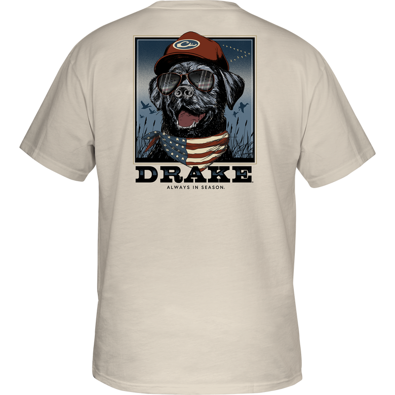 Bandana Lab Flag T-Shirt featuring a Drake duck head logo on the front pocket and a Lab with an American Flag bandana graphic.