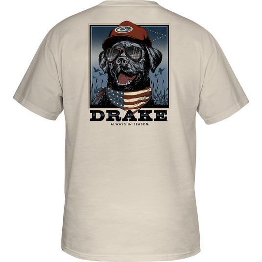 Bandana Lab Flag T-Shirt featuring a Drake duck head logo on the front pocket and a Lab with an American Flag bandana graphic.