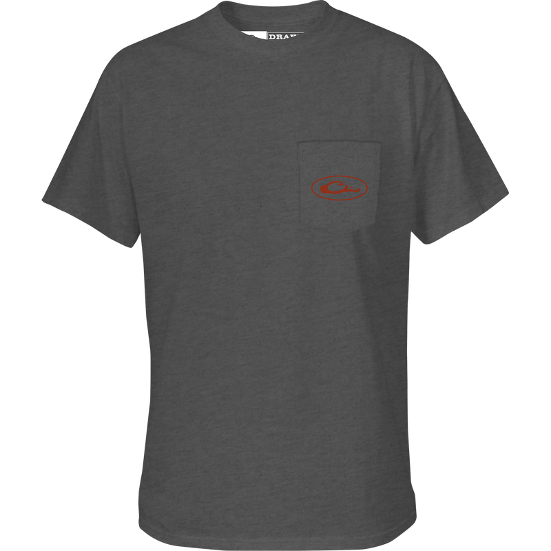 Bandana Lab Flag T-Shirt featuring a Drake duck head logo on the front pocket and a Lab with an American flag bandana graphic.