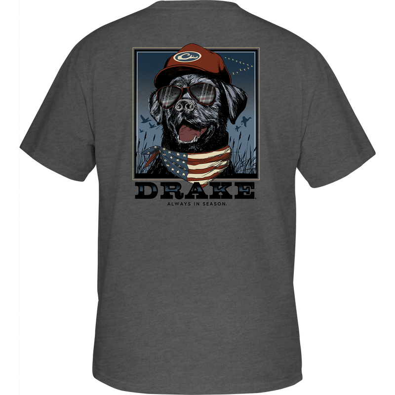 Bandana Lab Flag T-Shirt featuring a Drake duck head logo on the front pocket and a graphic of a Lab with an American Flag bandana.