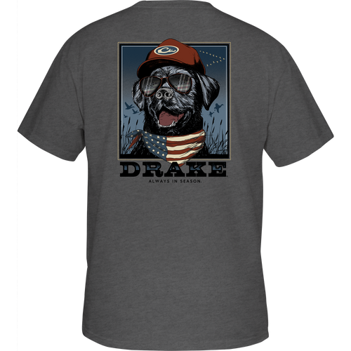 Bandana Lab Flag T-Shirt featuring a Drake duck head logo on the front pocket and a graphic of a Lab with an American Flag bandana.