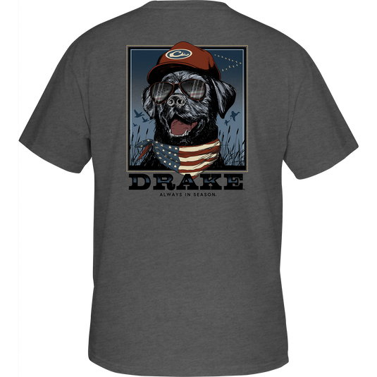 Bandana Lab Flag T-Shirt featuring a Drake duck head logo on the front pocket and a graphic of a Lab with an American Flag bandana.