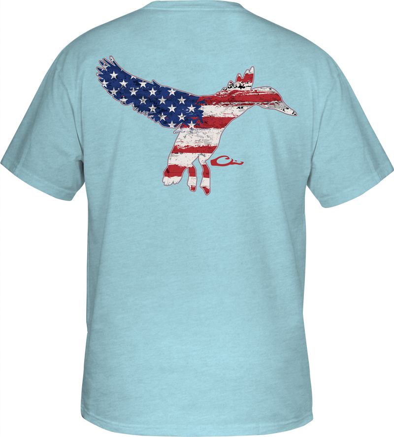Flying Duck Flag T-Shirt featuring a fox with an American flag design on the back, part of Purewhitelaneshop's Americana Series, emphasizing hunting and outdoor apparel.