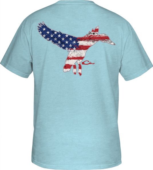 Flying Duck Flag T-Shirt featuring a fox with an American flag design on the back, part of Purewhitelaneshop's Americana Series, emphasizing hunting and outdoor apparel.