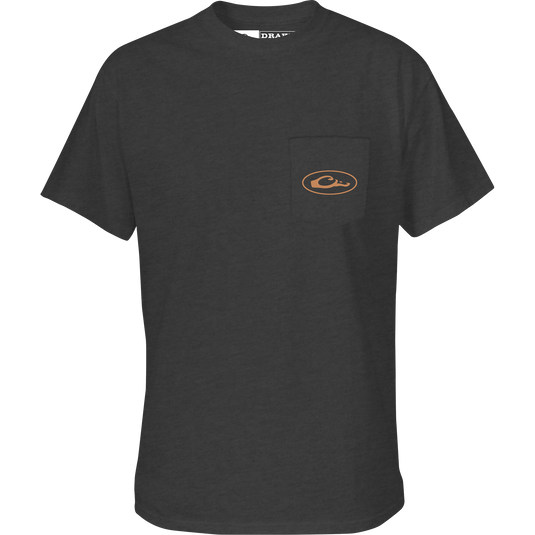 Pop Art Coonskin Cap Lab T-Shirt featuring a Drake logo on the front pocket and an abstract Black Lab graphic on the back.