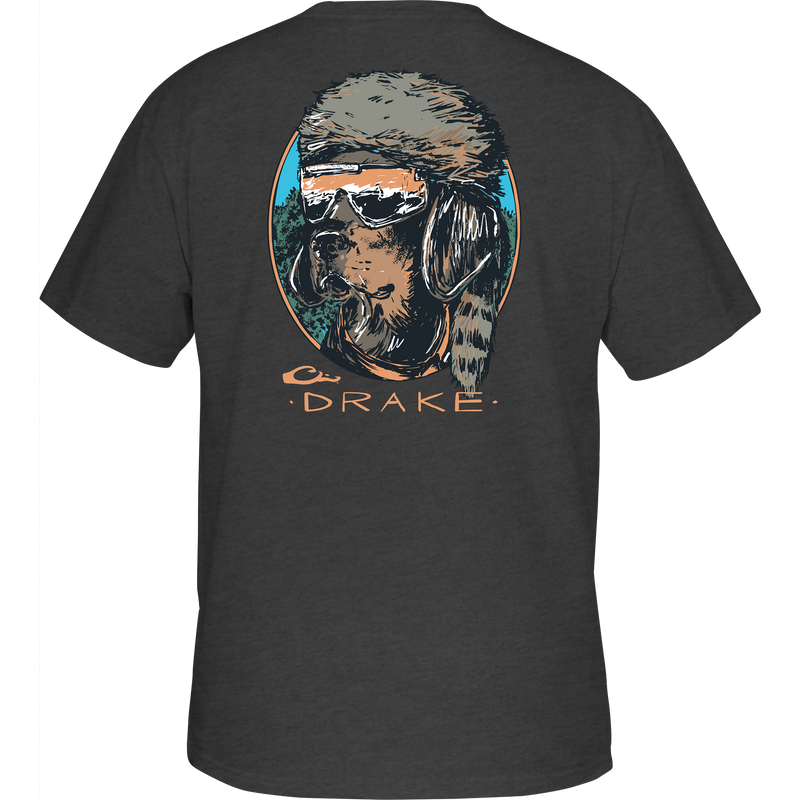 Pop Art Coonskin Cap Lab T-Shirt featuring an abstract Black Lab wearing sunglasses and a hat on the back, with a Drake logo on the front pocket.