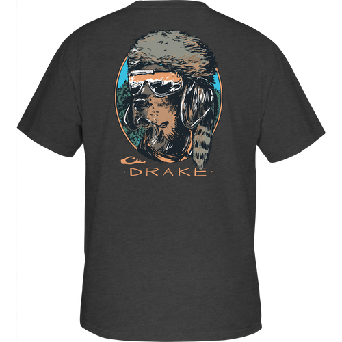 Pop Art Coonskin Cap Lab T-Shirt featuring an abstract Black Lab wearing sunglasses and a hat on the back, with a Drake logo on the front pocket.