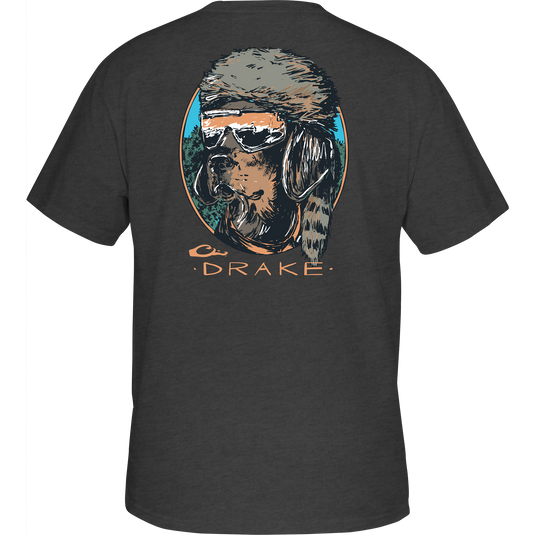 Pop Art Coonskin Cap Lab T-Shirt featuring an abstract Black Lab wearing sunglasses and a hat on the back, with a Drake logo on the front pocket.